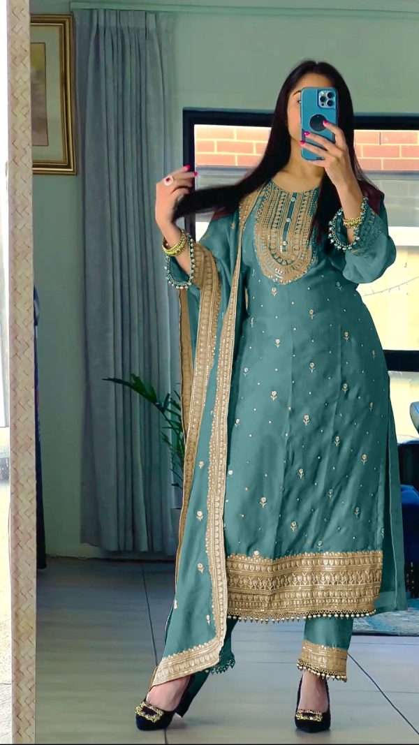 Superb Royal Blue Color Chinnon Silk Embroidery Salwar Suit