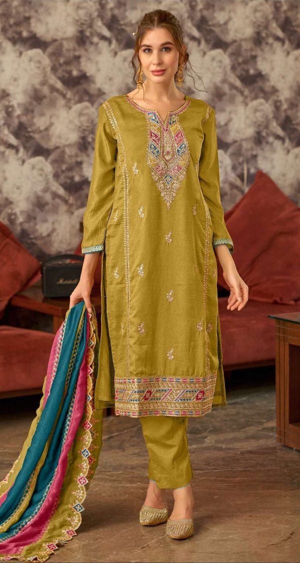 Pretty Mustard Vichitra Embroidery Codding Sequence Salwar Suit