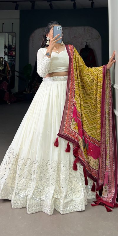 LNB 1500 White Color Georgette Lucknowi Paper Mirror Lehenga Choli Festive Party Wedding, Events etc. Delivery 4-6 Working Days @3499/- | Bollywood Lehenga, Creative Lehenga, Designer Lehenga, Embroidered Lehenga, Lehenga, Party Wear Lehenga