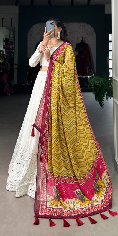 LNB 1500 White Color Georgette Lucknowi Paper Mirror Lehenga Choli Festive Party Wedding, Events etc. Delivery 4-6 Working Days @3499/- | Bollywood Lehenga, Creative Lehenga, Designer Lehenga, Embroidered Lehenga, Lehenga, Party Wear Lehenga