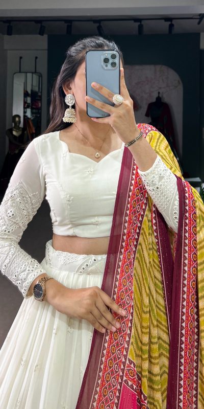 LNB 1500 White Color Georgette Lucknowi Paper Mirror Lehenga Choli Festive Party Wedding, Events etc. Delivery 4-6 Working Days @3499/- | Bollywood Lehenga, Creative Lehenga, Designer Lehenga, Embroidered Lehenga, Lehenga, Party Wear Lehenga