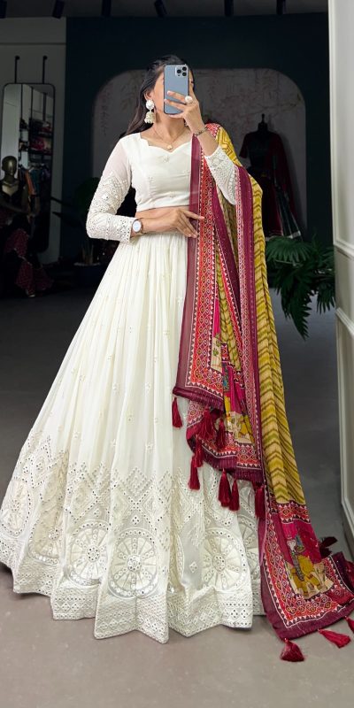 LNB 1500 White Color Georgette Lucknowi Paper Mirror Lehenga Choli Festive Party Wedding, Events etc. Delivery 4-6 Working Days @3499/- | Bollywood Lehenga, Creative Lehenga, Designer Lehenga, Embroidered Lehenga, Lehenga, Party Wear Lehenga