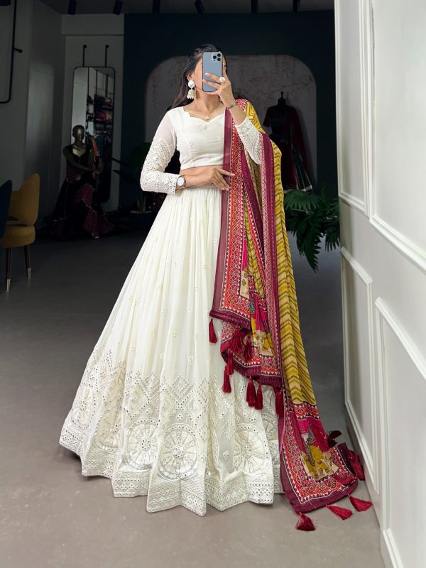LNB 1500 White Color Georgette Lucknowi Paper Mirror Lehenga Choli Festive Party Wedding, Events etc. Delivery 4-6 Working Days @3499/- | Bollywood Lehenga, Creative Lehenga, Designer Lehenga, Embroidered Lehenga, Lehenga, Party Wear Lehenga