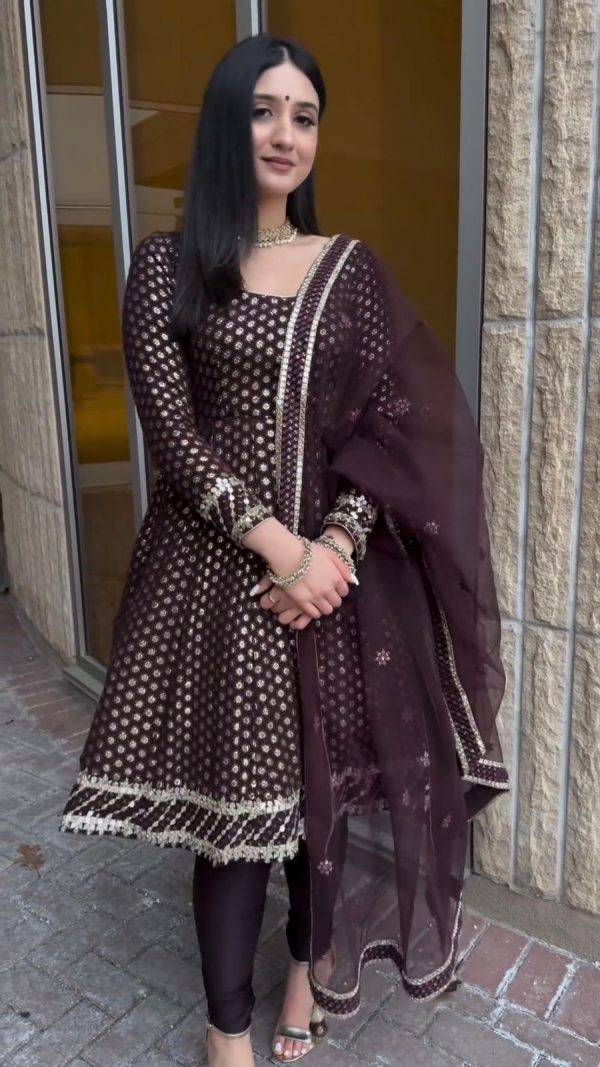Aesthetic Brown Georgette Embroidery Sequence Salwar Suit