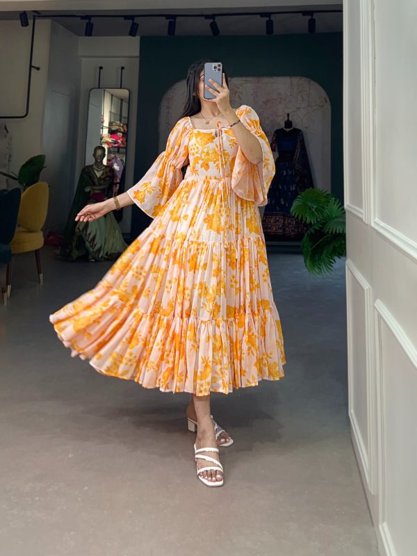 Aesthetic Yellow Color Georgette Floral Printed Work Gown