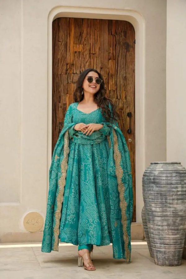Aglow Green Color Two Tone Banarasi Silk Digital Printed Gown