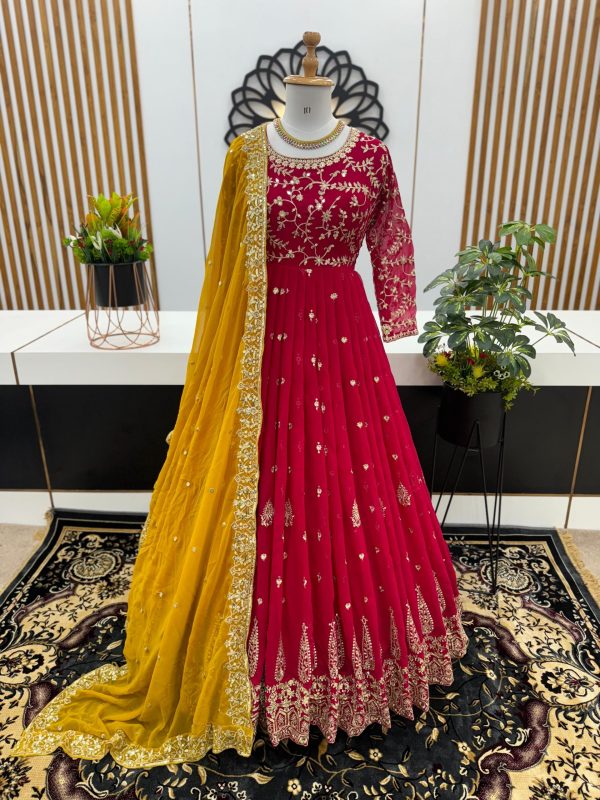 Aglow Red Color Georgette Embroidery Sequence Gown
