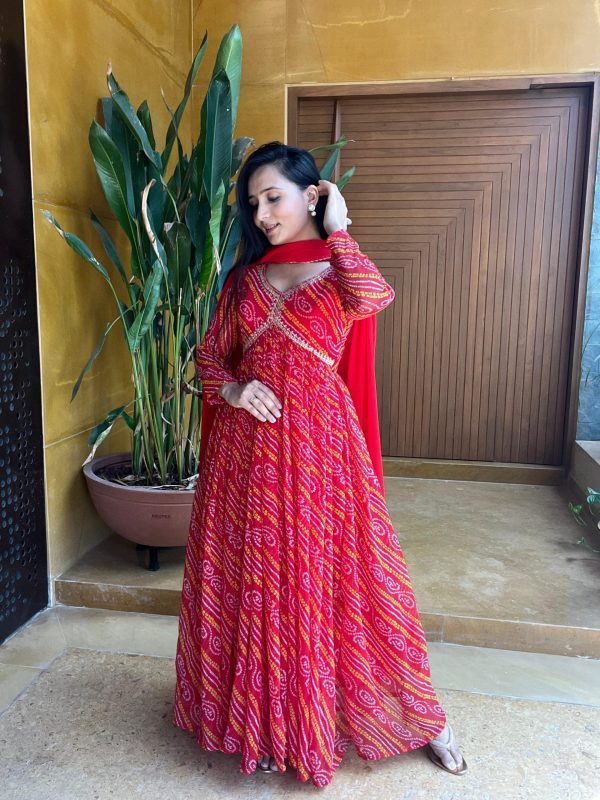 Aglow Red Color Pure Bandhini Embroidery Lace Work Gown