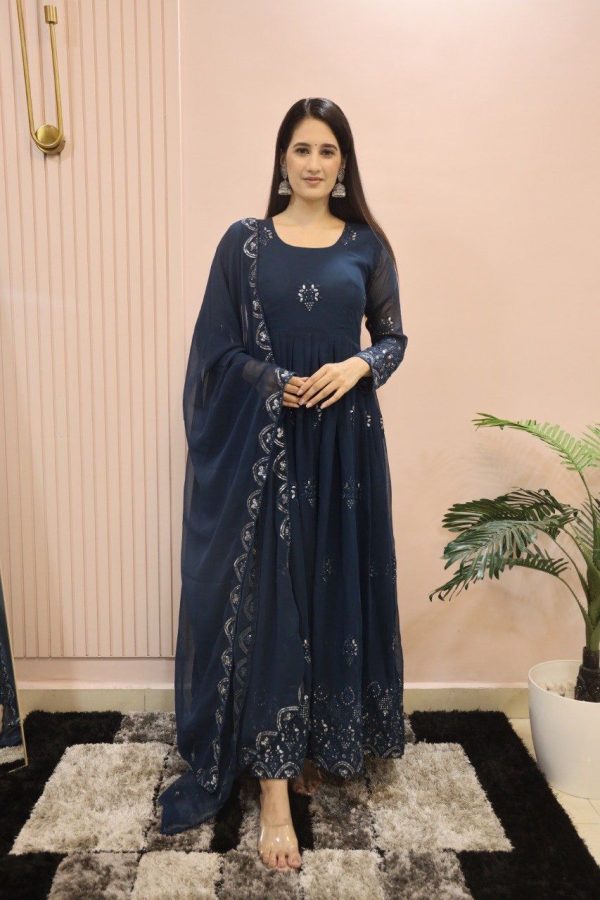 Aglow Royal Blue Color Sequence Embroidery Georgette Gown