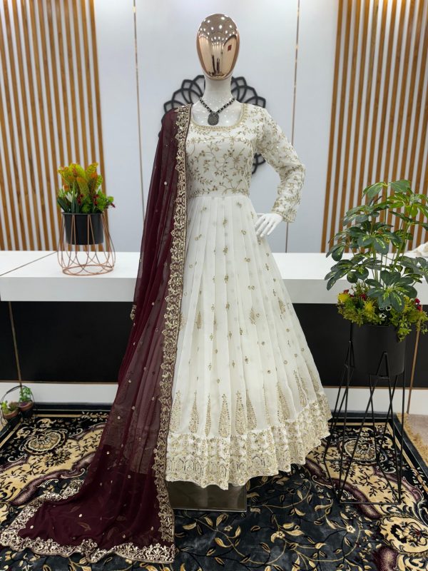 Aglow White Color Georgette Embroidery Sequence Gown