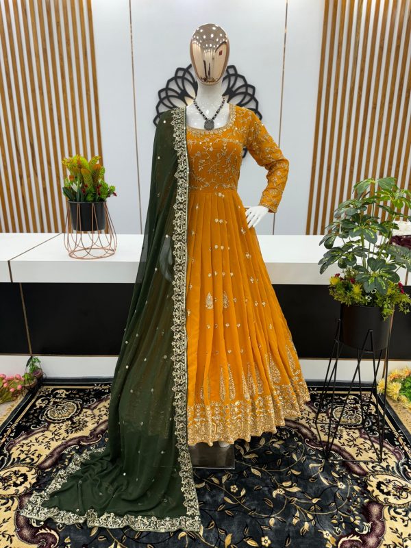 Aglow Yellow Color Georgette Sequence Embroidery Gown