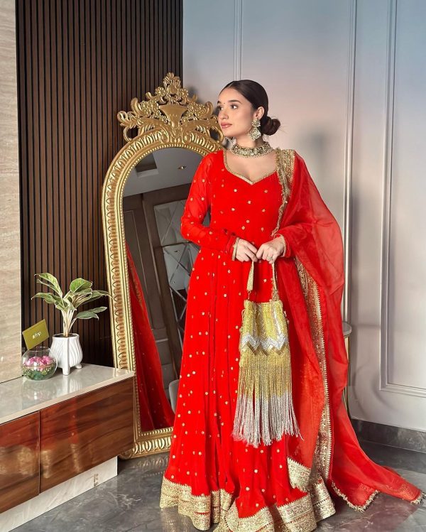 Alluring Red Color Georgette Thread Sequence Anarkali Suit