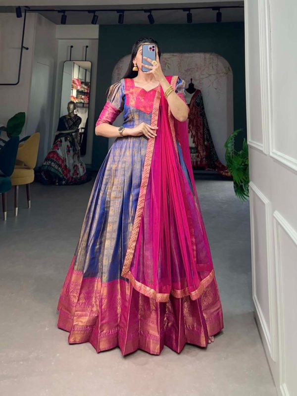 Attractive Blue Color Kanjivaram Zari Weaving Work Gown