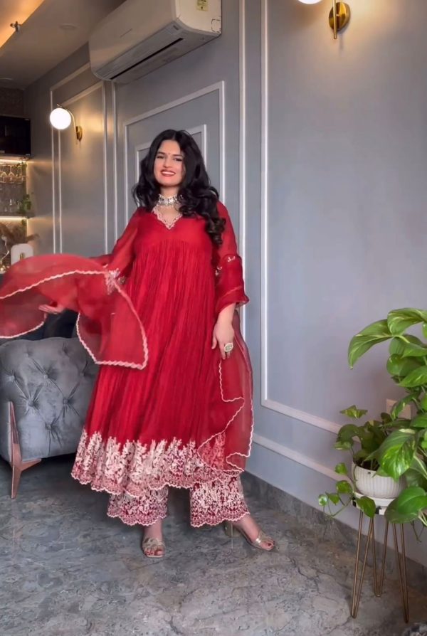Captivating Red Color Chinon Silk Embroidery Salwar Suit