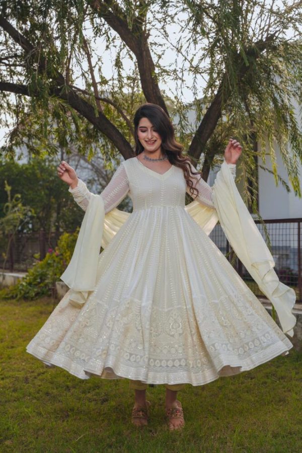 Captivating White Color Georgette Embroidery Sequence Gwon