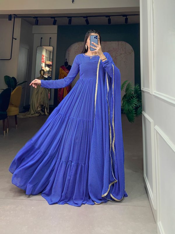 Classic Blue Color Georgette Printed Weaving Work Gown