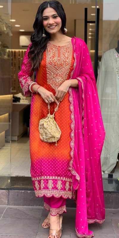 Classic Orange Color Chinnon Heavy Embroidery Salwar Suit