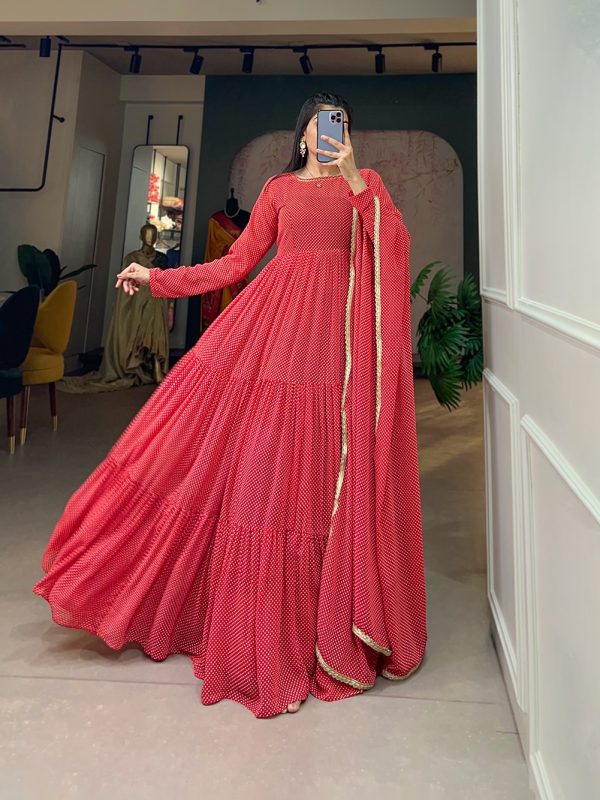 Classic Red Color Georgette Printed Weaving Work Gown