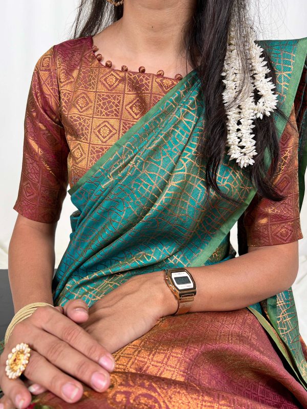 Classic Teal Color Kanchi Weaves Zari Weaving Work Saree