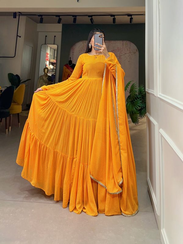 Classic Yellow Color Georgette Printed Weaving Work Gown