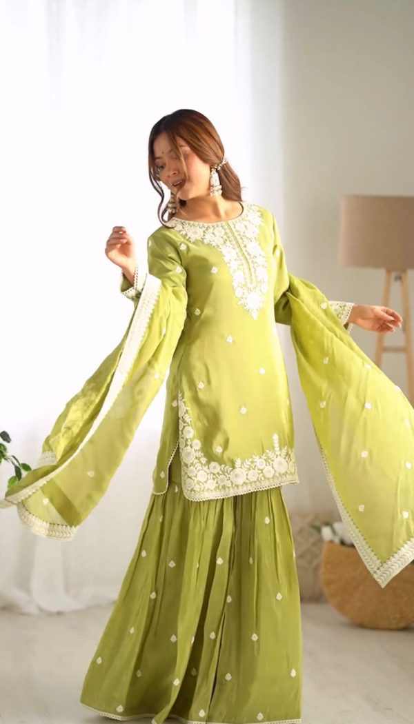 Classis Green Color Chinnon Silk Embroidery Work Salwar Suit