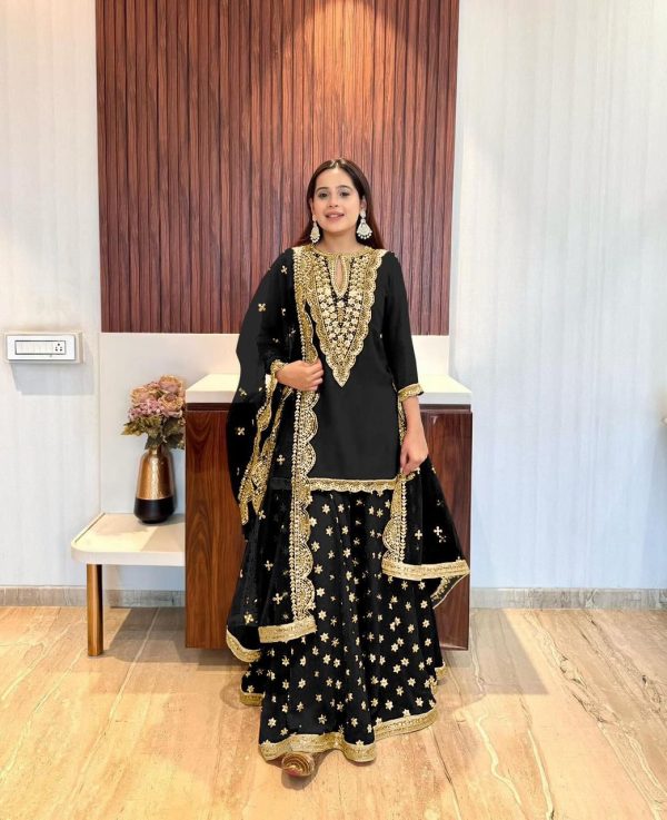 Dazzling Black Georgette Embroidery Mirror Work Salwar Suit