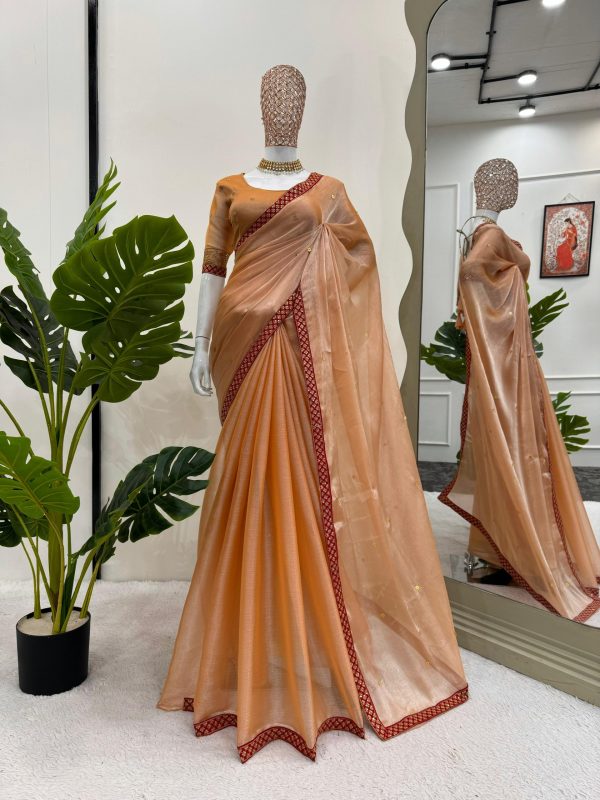 Dazzling Coral Color Burberry Silk Thread Sequence Saree