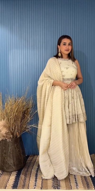 Dazzling Cream Color Georgette Embroidery Sequence Salwar Suit