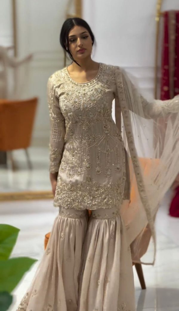 Elegant Cream Color Georgette Embroidery Sharara Suit