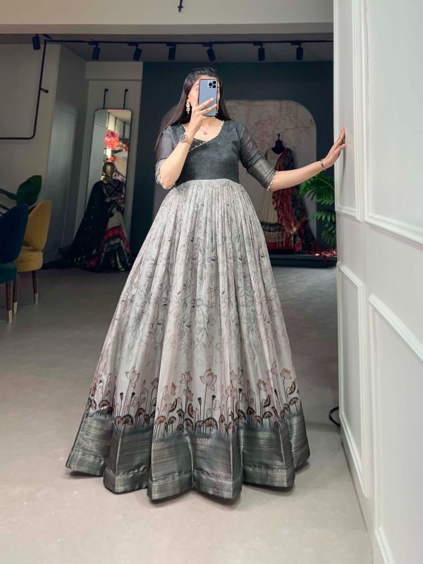 Elegant Grey Color Tussar Silk Printed Weaving Border Gown