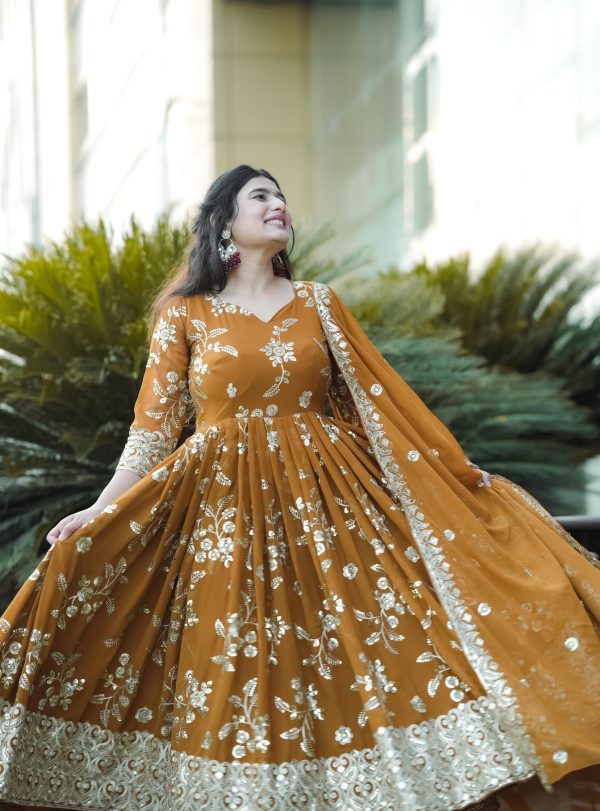 Elegant Mustard Georgette Embroidery Sequence Anarkali Suit
