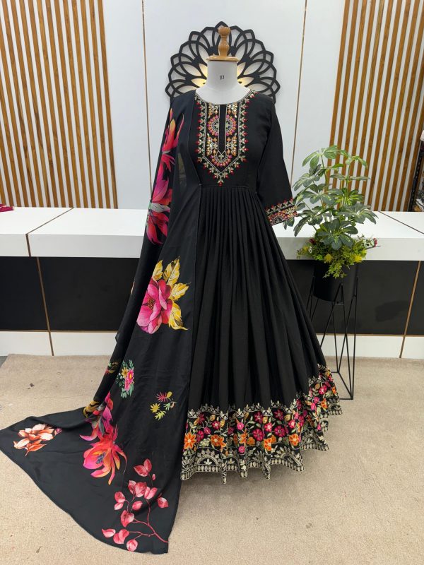 Fancy Black Color Chinon Silk Embroidery Sequence Gown