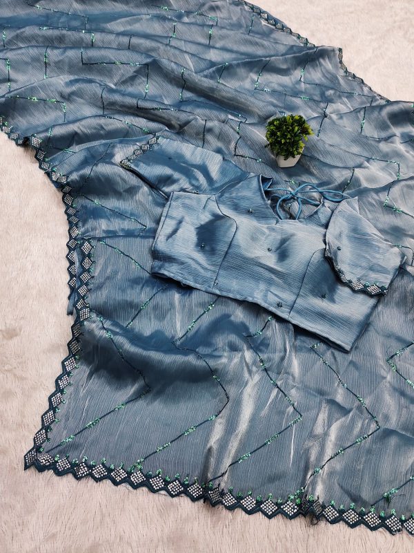 Fancy Blue Color Jimmy Cho Embellished Sequins Saree