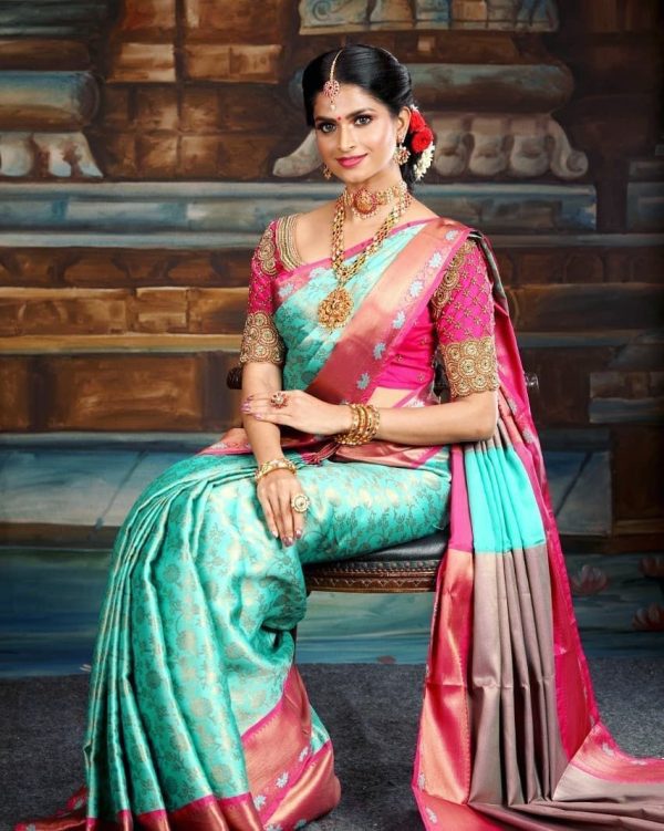 Fancy Firozi Color Soft Lichi Silk Jacquard All Over Saree