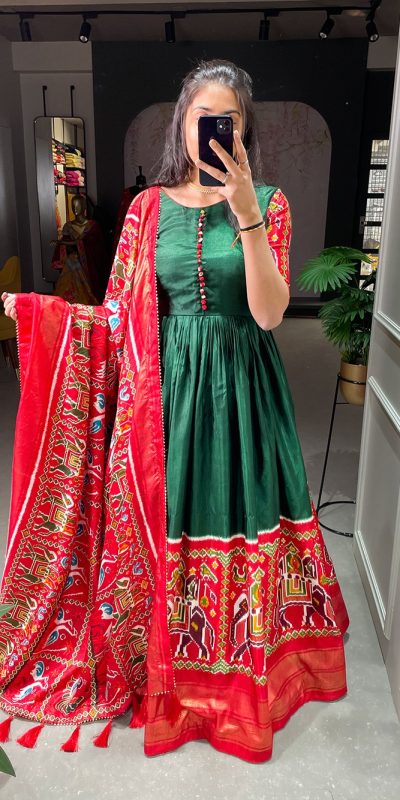 Fancy Green Color Dola Silk Patola Foil Printed Work Gown