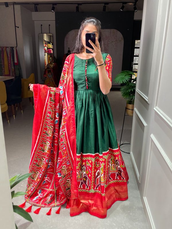 Fancy Green Color Dola Silk Patola Foil Printed Work Gown
