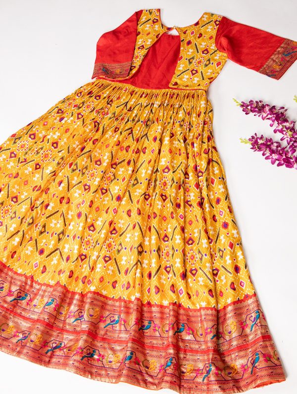 Fancy Mustard Color Dola Silk Patola Paithani Printed Gown