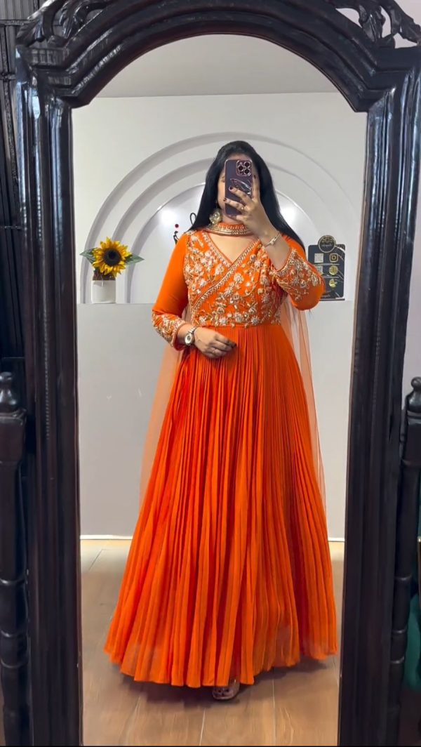 Fancy Orange Color Fox Georgette Embroidery Sequence Gown