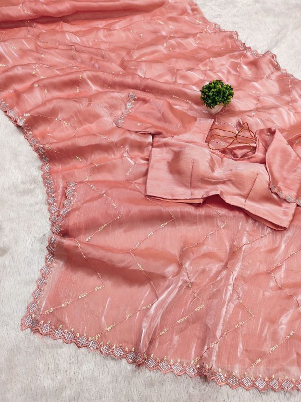 Fancy Peach Color Jimmy Cho Embellished Sequins Saree