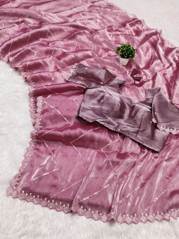 Fancy Pink Color Jimmy Cho Embellished Sequins Saree