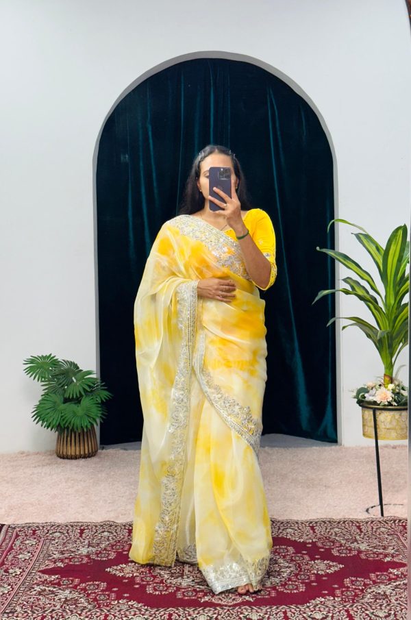 Fancy Yellow Color Burberry Blooming Zari Embroidery Saree