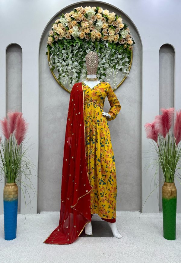 Fancy Yellow Color Muslin Digital Printed Hand Work Salwar Suit