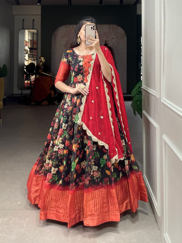 Fine Black Color Soft Chanderi Printed Weaving Work Gown