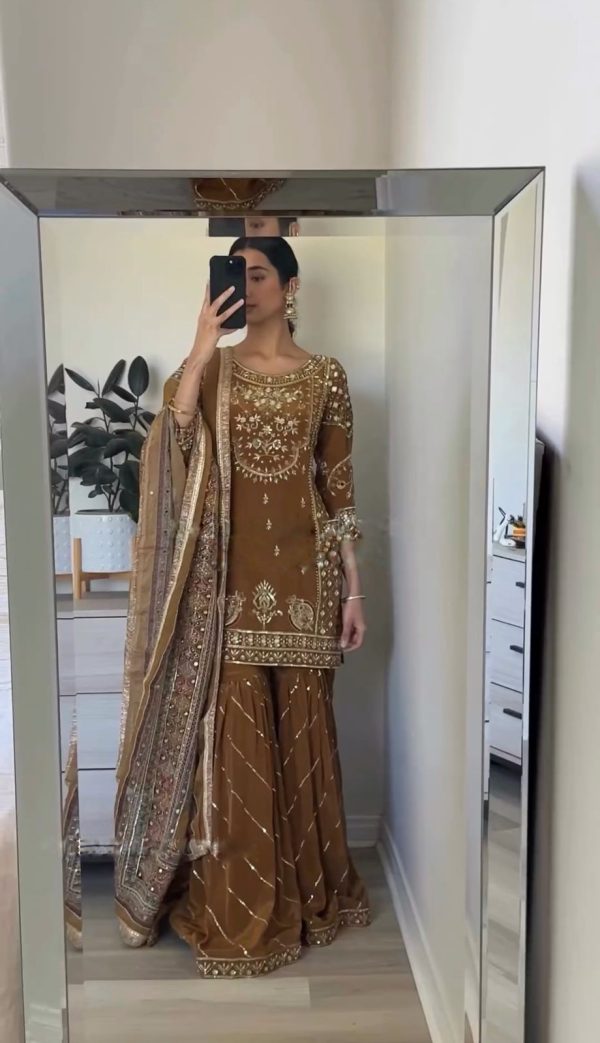 Fine Brown Color Chinnon Silk Embroidery Sequence Salwar Suit