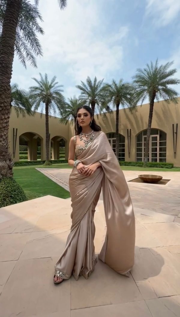 Fine Golden Color Japan Satin Silk Thread Real Mirror Saree