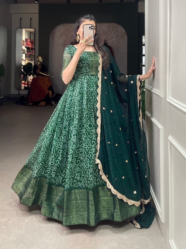 Fine Green Color Soft Chanderi Printed Weaving Work Gown