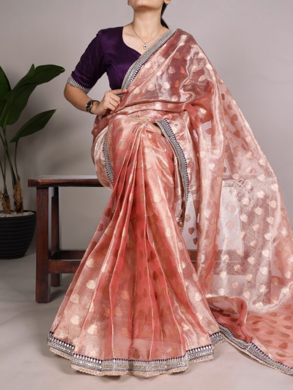 Fine Onion Color Banarasi Tissue Silk Zari Weaving Work Saree