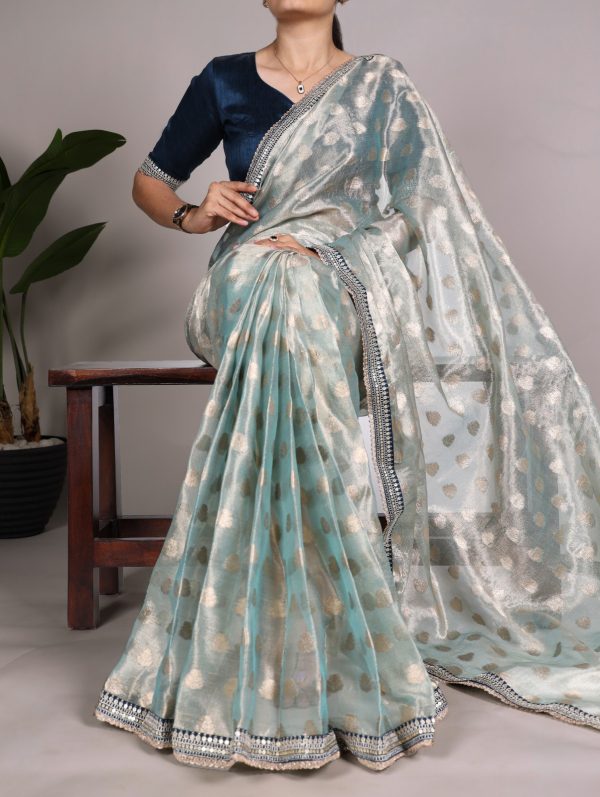 Fine Sky Blue Color Banarasi Tissue Silk Zari Weaving Work Saree