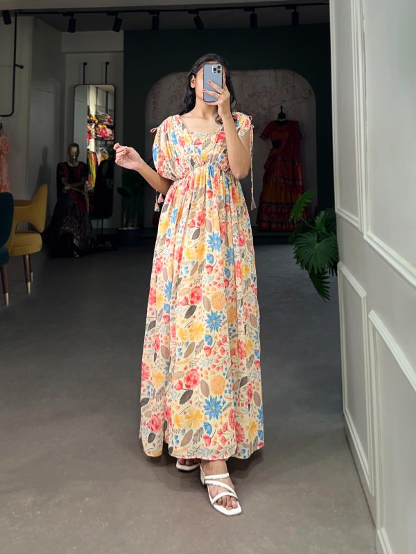 Glamorous Mustard Color Georgette Floral printed Gown