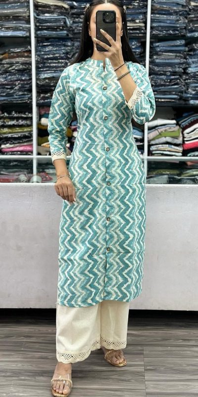 Gorgeous Blue Color Cameric Cotton Wid Stitch Button Kurti